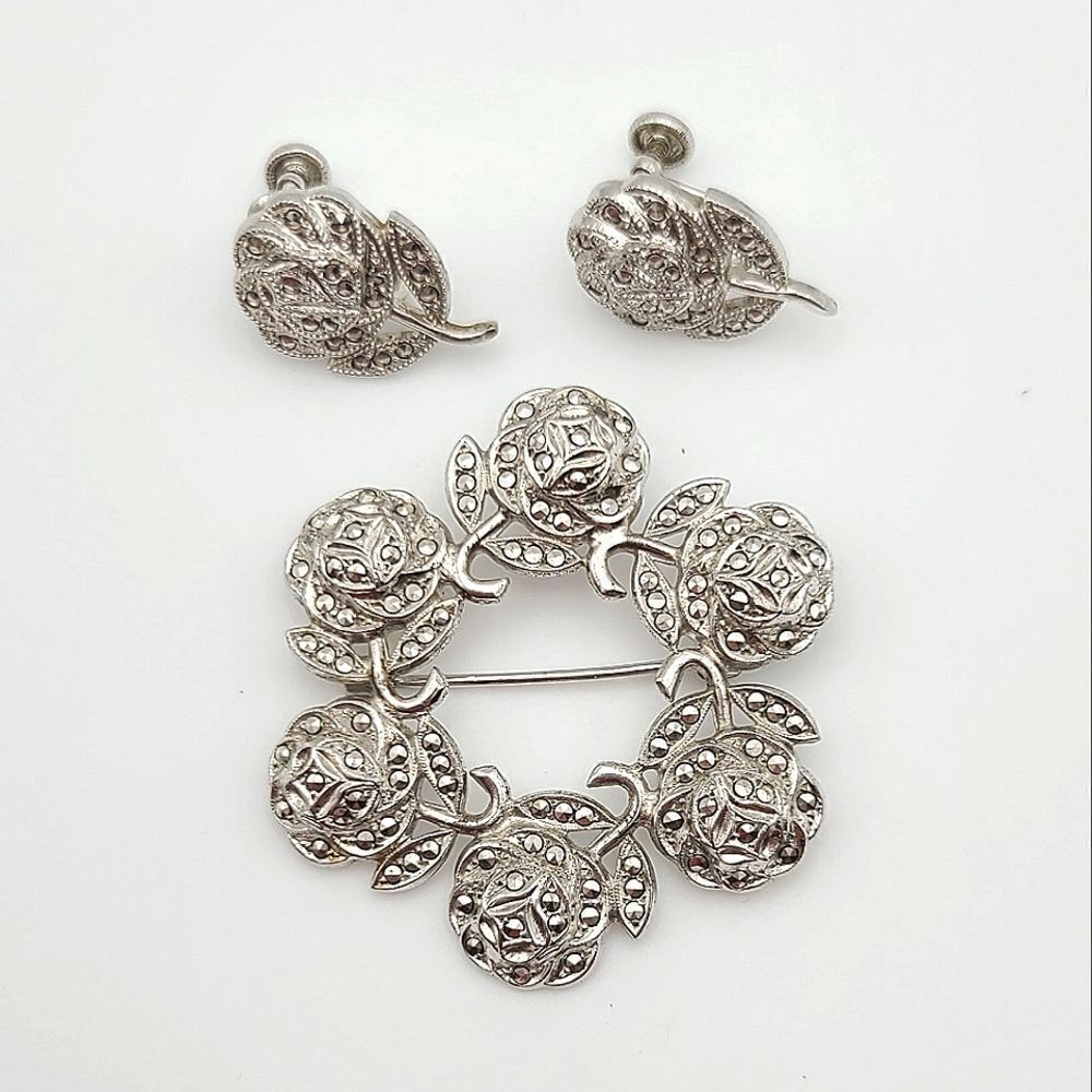 Vintage Sterling Silver Marcasite Brooch Pin and Earrings